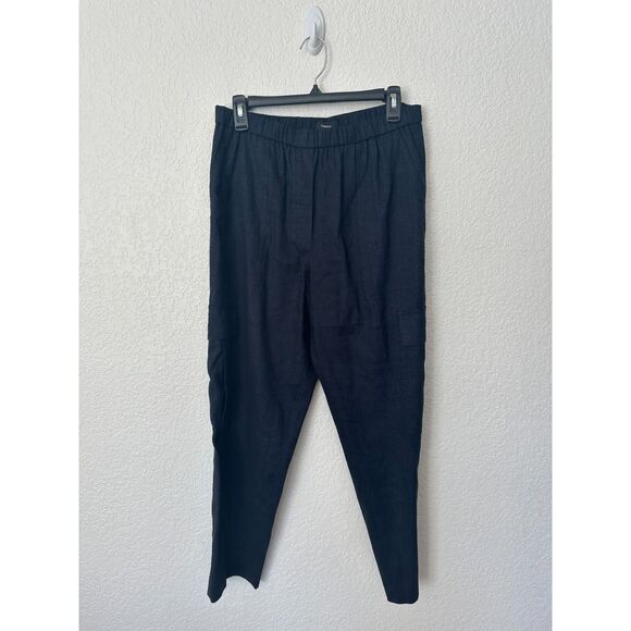 Theory Basic Pull On in Navy Melange Eco Sharkskin Linen Blend Ankle Pants M - Picture 1 of 13